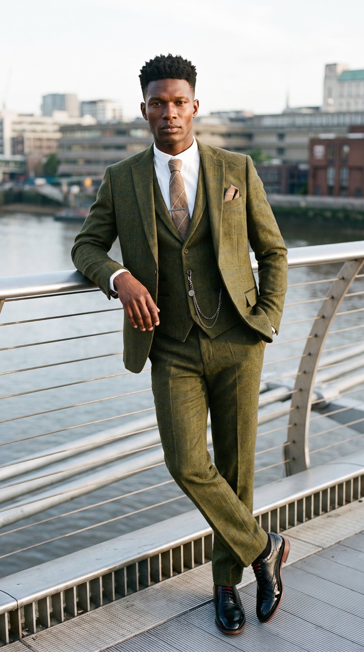 Look #715 styled with Costume trois pièces pour homme en tweed de laine à carreaux verts, bleus et marrons, style Gatsby des années 1920
