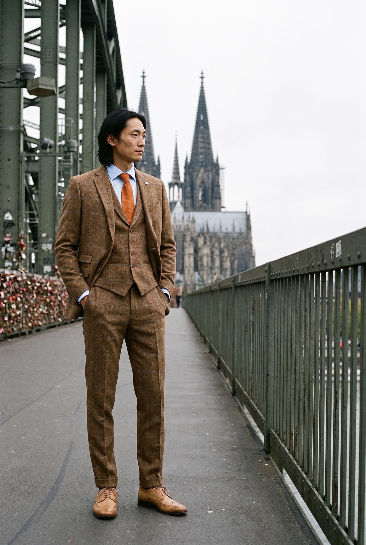 Look #982 styled with Costume trois pièces pour homme en tweed de laine à chevrons, beige, marron et bleu, style Gatsby des années 1920