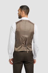 Costume trois pièces pour homme en tweed à carreaux marron | Gilet croisé crème