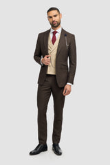 Costume trois pièces pour homme en tweed à carreaux marron | Gilet croisé crème