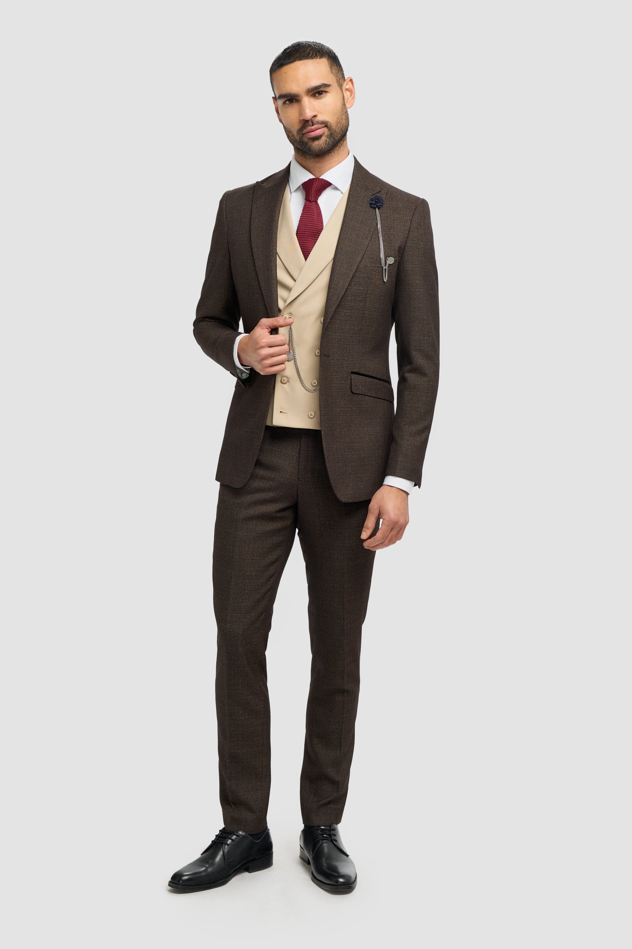 Costume trois pièces pour homme en tweed à carreaux marron | Gilet croisé crème