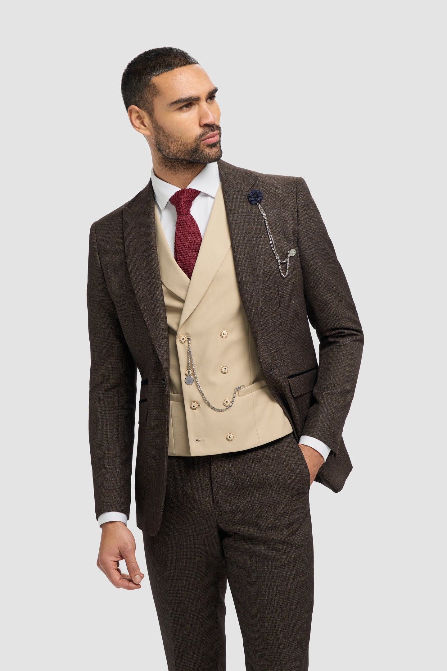 Costume trois pièces pour homme en tweed à carreaux marron | Gilet croisé crème