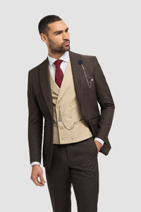 Costume trois pièces pour homme en tweed à carreaux marron | Gilet croisé crème
