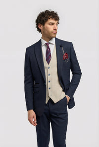 Costume trois pièces à carreaux bleu marine pour homme avec gilet crème contrastant