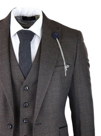 Mens 3 Piece Check Suit Tweed Black Brown Tailored Fit Wedding Peaky Classic