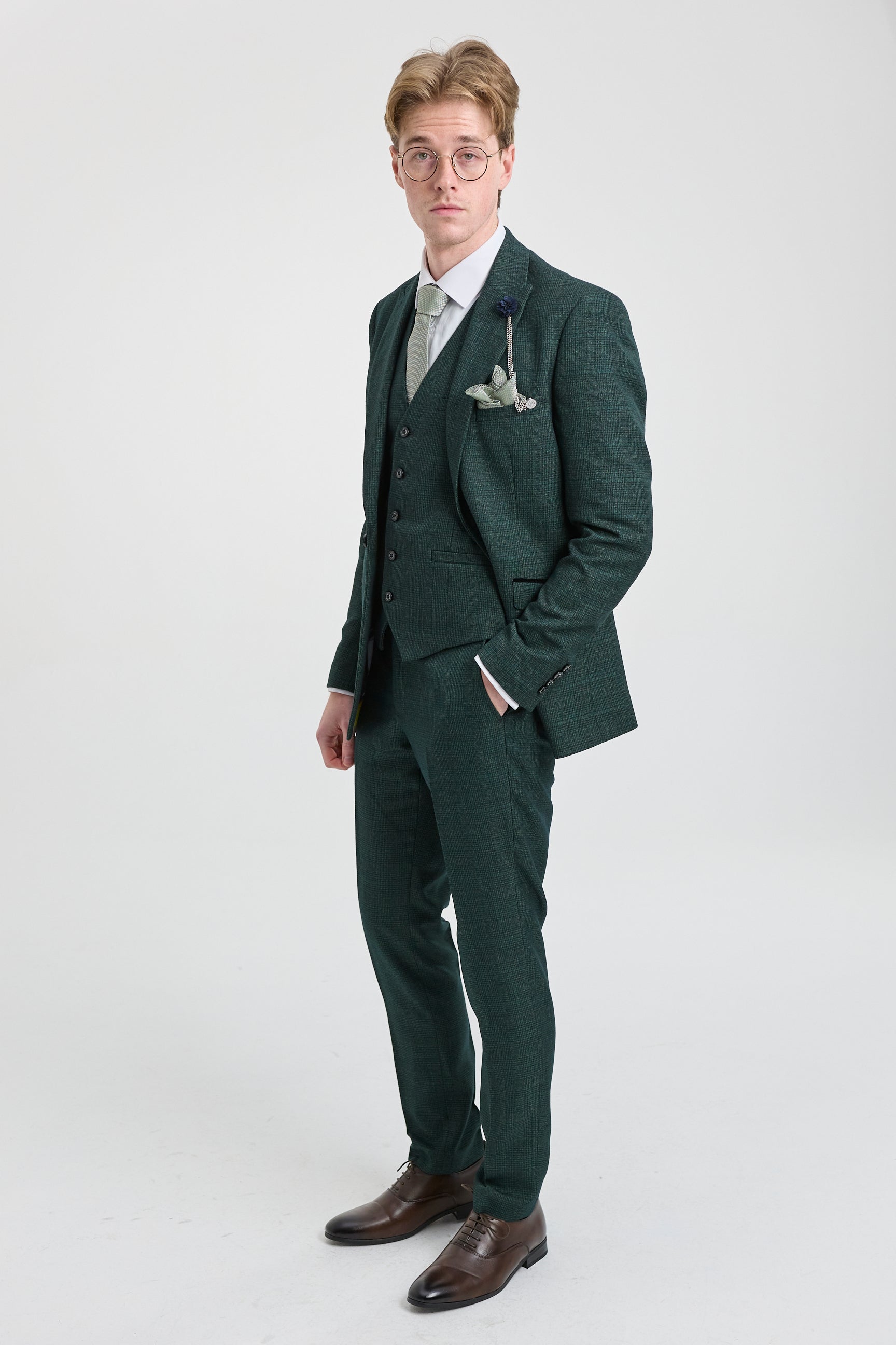 Costume trois pièces à carreaux pour homme, en tweed vert olive, coupe ajustée, style Peaky Classic, idéal pour un mariage.