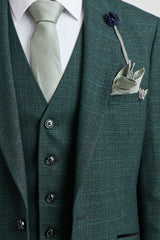 Costume trois pièces à carreaux pour homme, en tweed vert olive, coupe ajustée, style Peaky Classic, idéal pour un mariage.