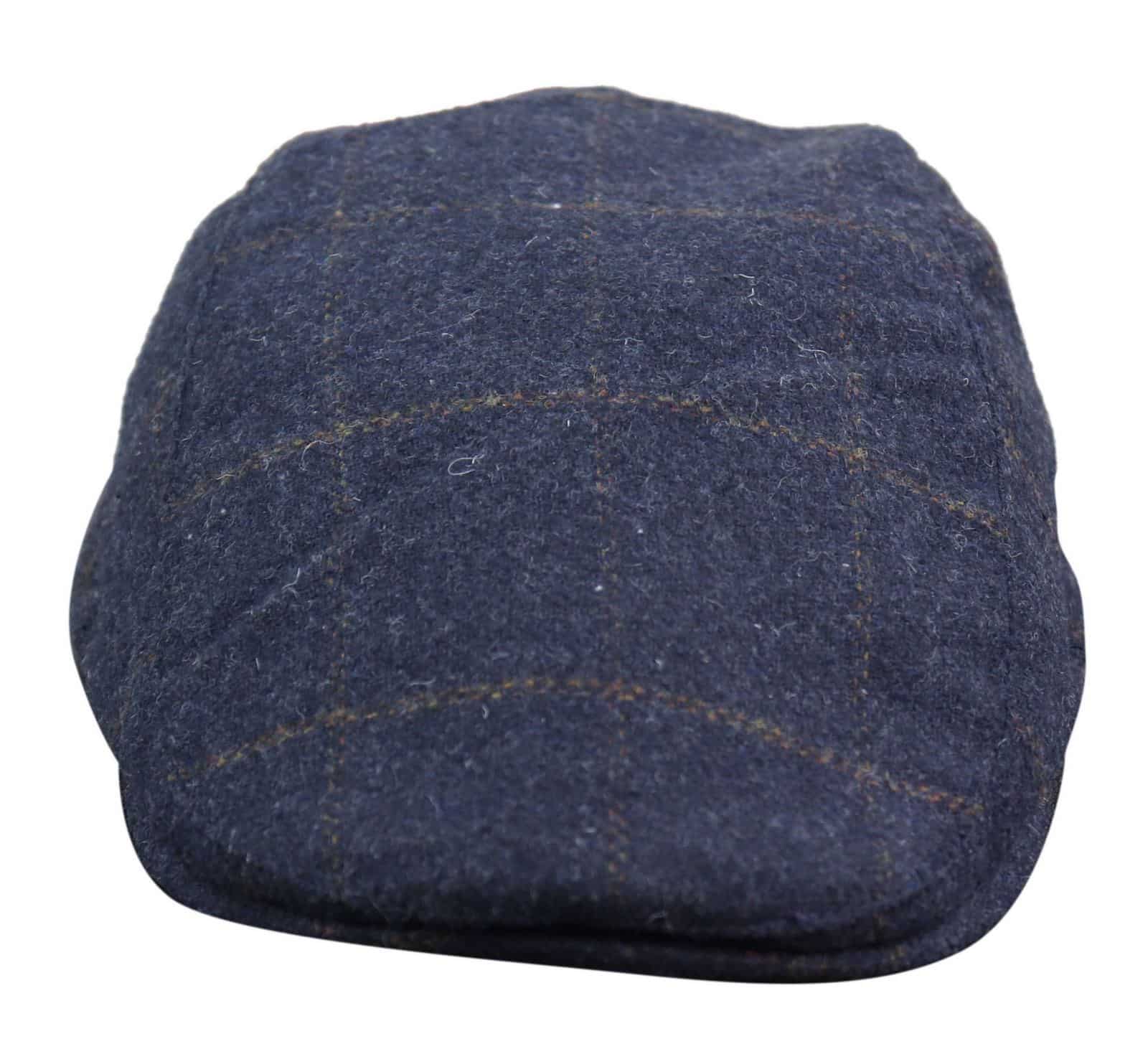 Cavani Kempson Flat Cap - Mens Tweed Wool Check Grandad Hat Vintage - Olive Green/Navy Blue