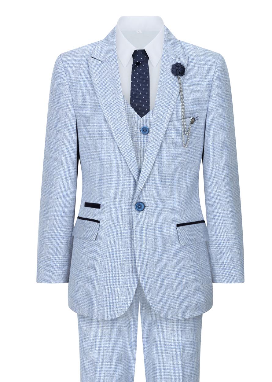 Boys 3 Piece Check Suit Tweed Light Blue Tailored Fit Wedding Peaky Classic