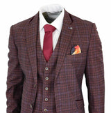 Cavani Carly - Men's 3 Piece Tweed Check Burgundy Suit