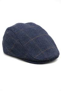 Casquette plate Cavani Kempson - Chapeau grand-père vintage en tweed et laine à carreaux pour homme - Vert olive/Bleu marine