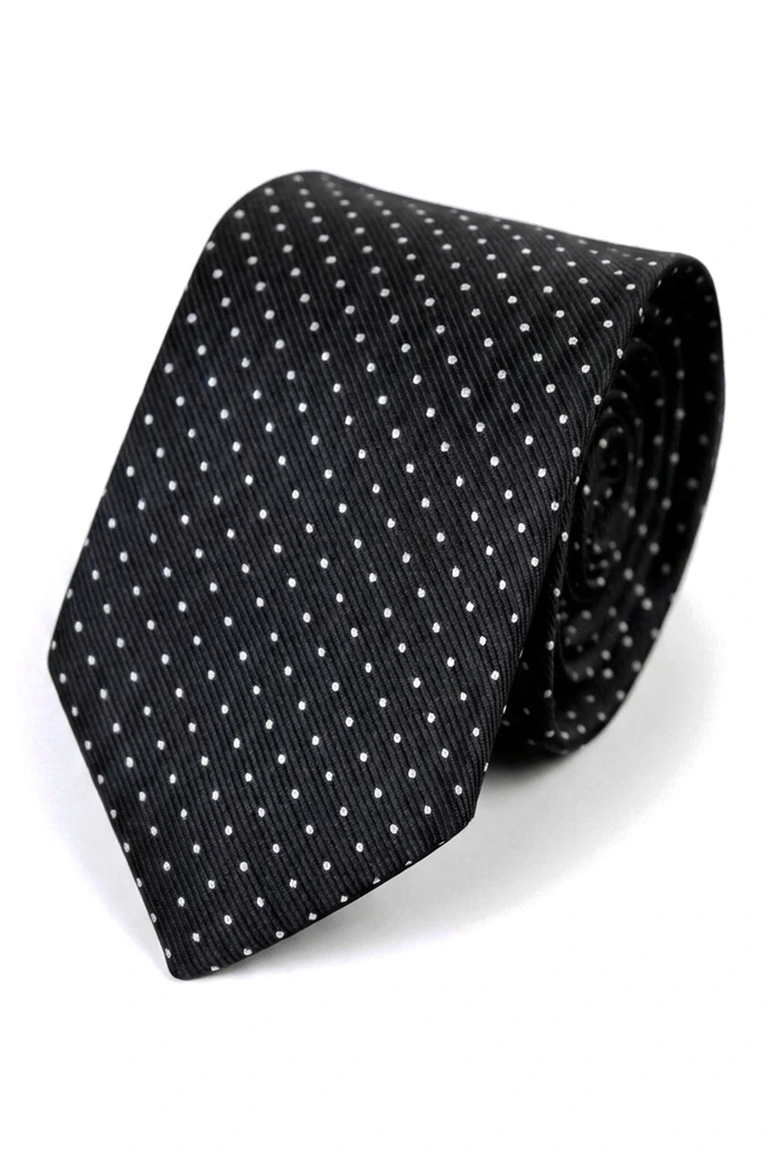 Cravate en satin Cavani - Ensemble cravate, mouchoir et pince à cravate assortis en satin de soie pour homme, à pois, idéal pour mariage, bal ou bureau. Motif à pois.