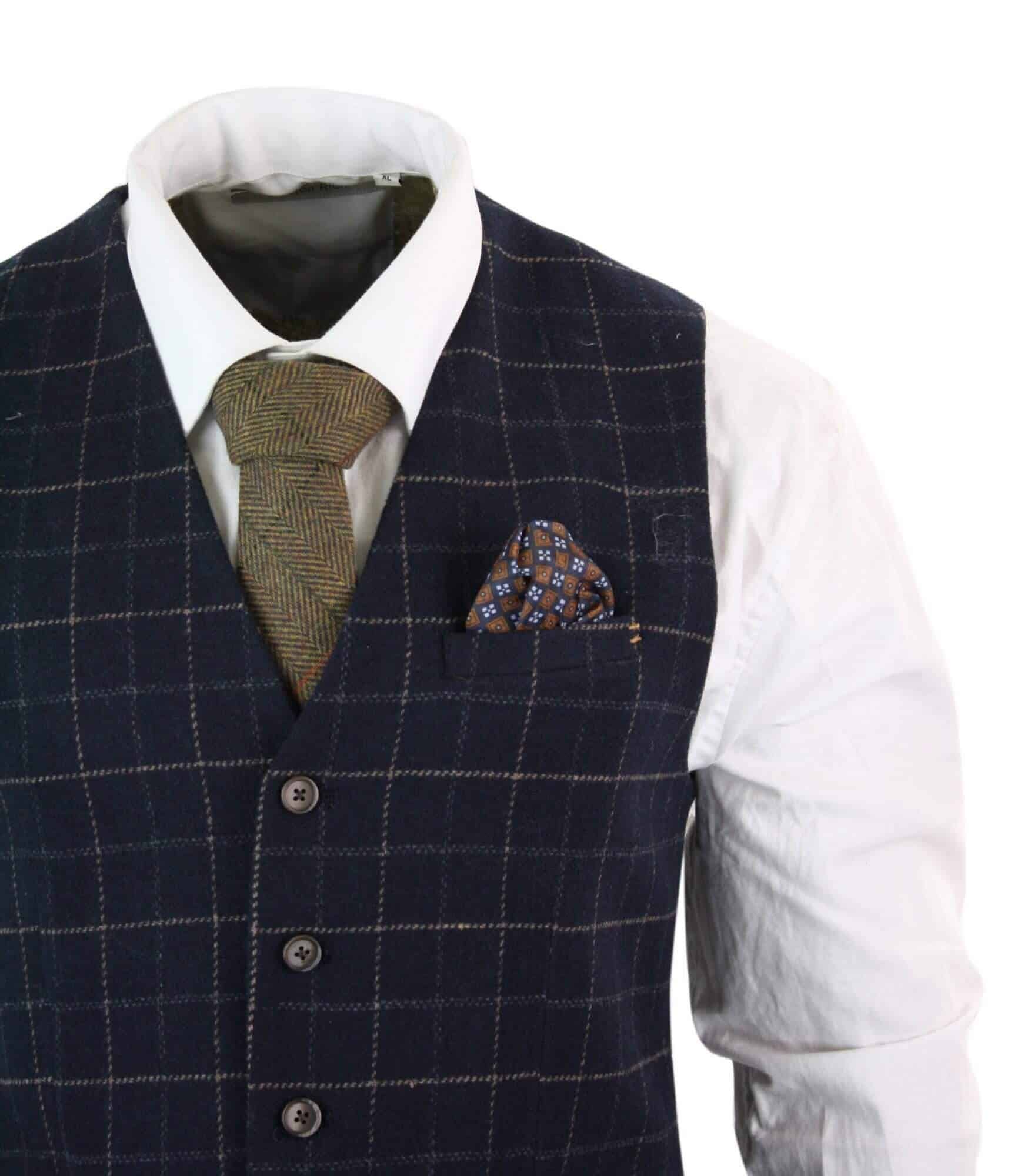 Cavani Shelby - Mens Navy Blue 3 Piece Herringbone Check Suit Vintage Retro Peaky Blinders Tweed