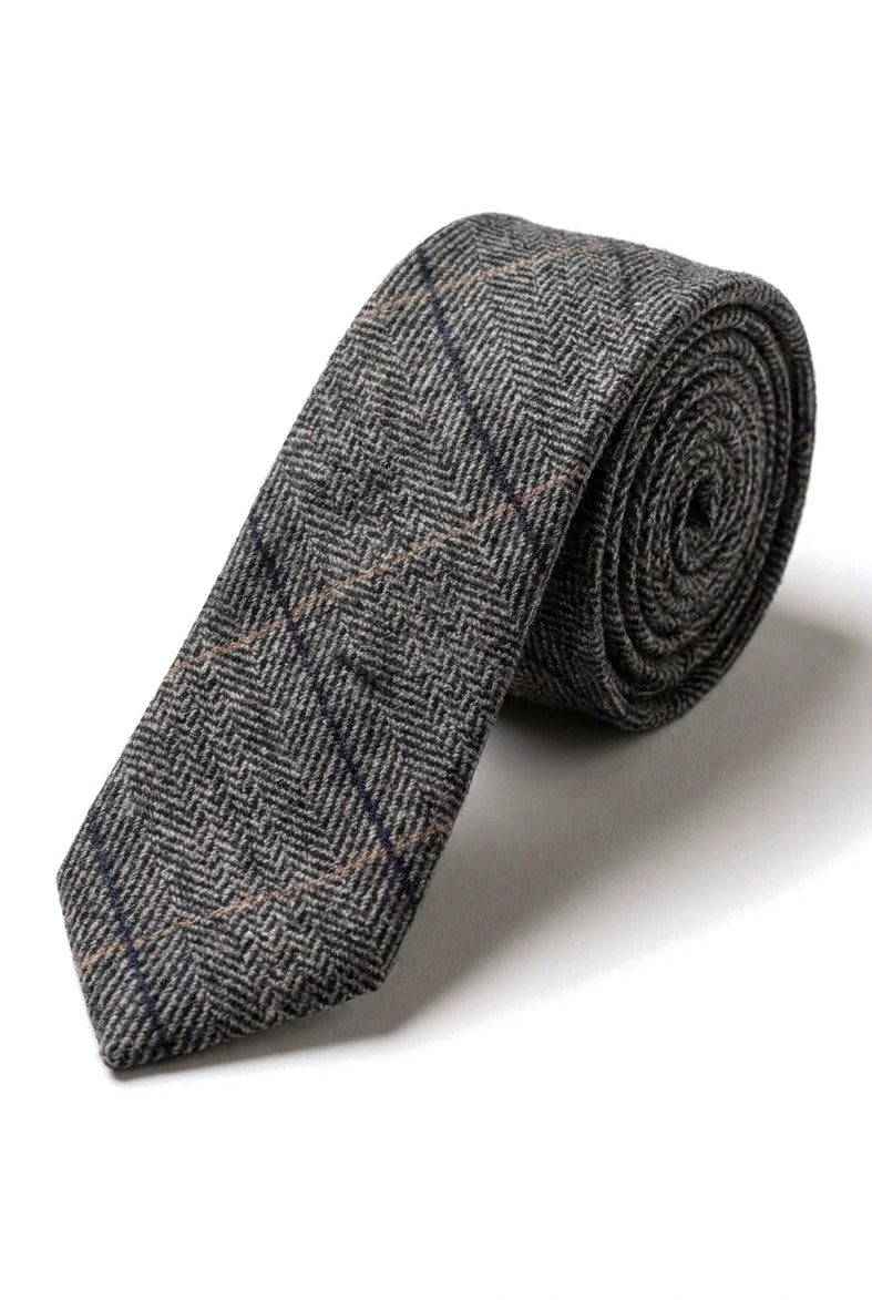 Cravate en tweed à carreaux gris anthracite avec pochette et pince à cravate - Gris anthracite