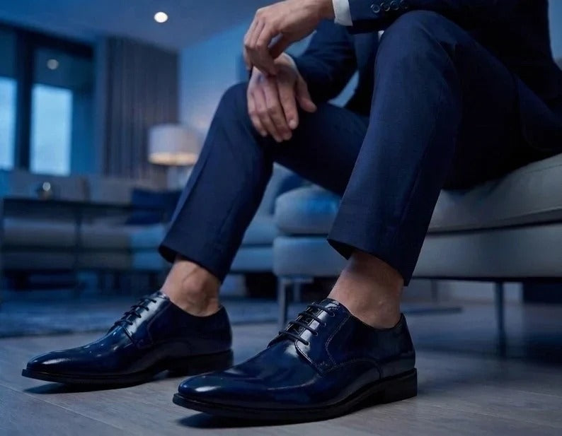 Chester - Chaussures Derby pour homme, bleu marine, cirées et brillantes