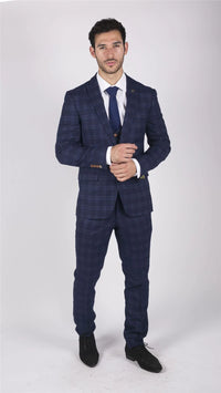 Mens Marc Darcy Blue Check Prince Of Wales 3 Piece Suit Smart Casual Slim Fit Chigwell