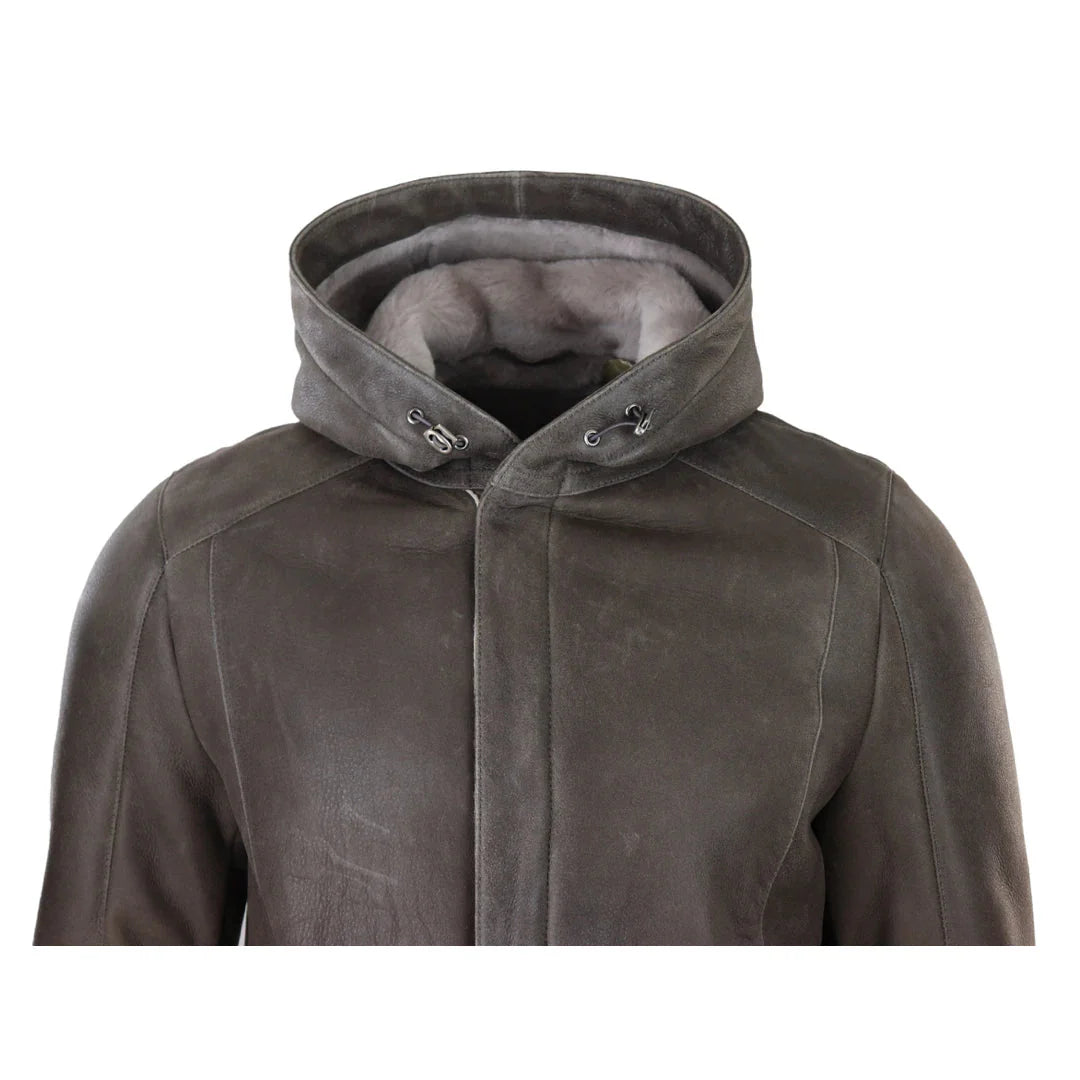 Men's 3/4 Brown Soft Sheepskin Hood Jacket 3/4 Coat Classic Warm Winter