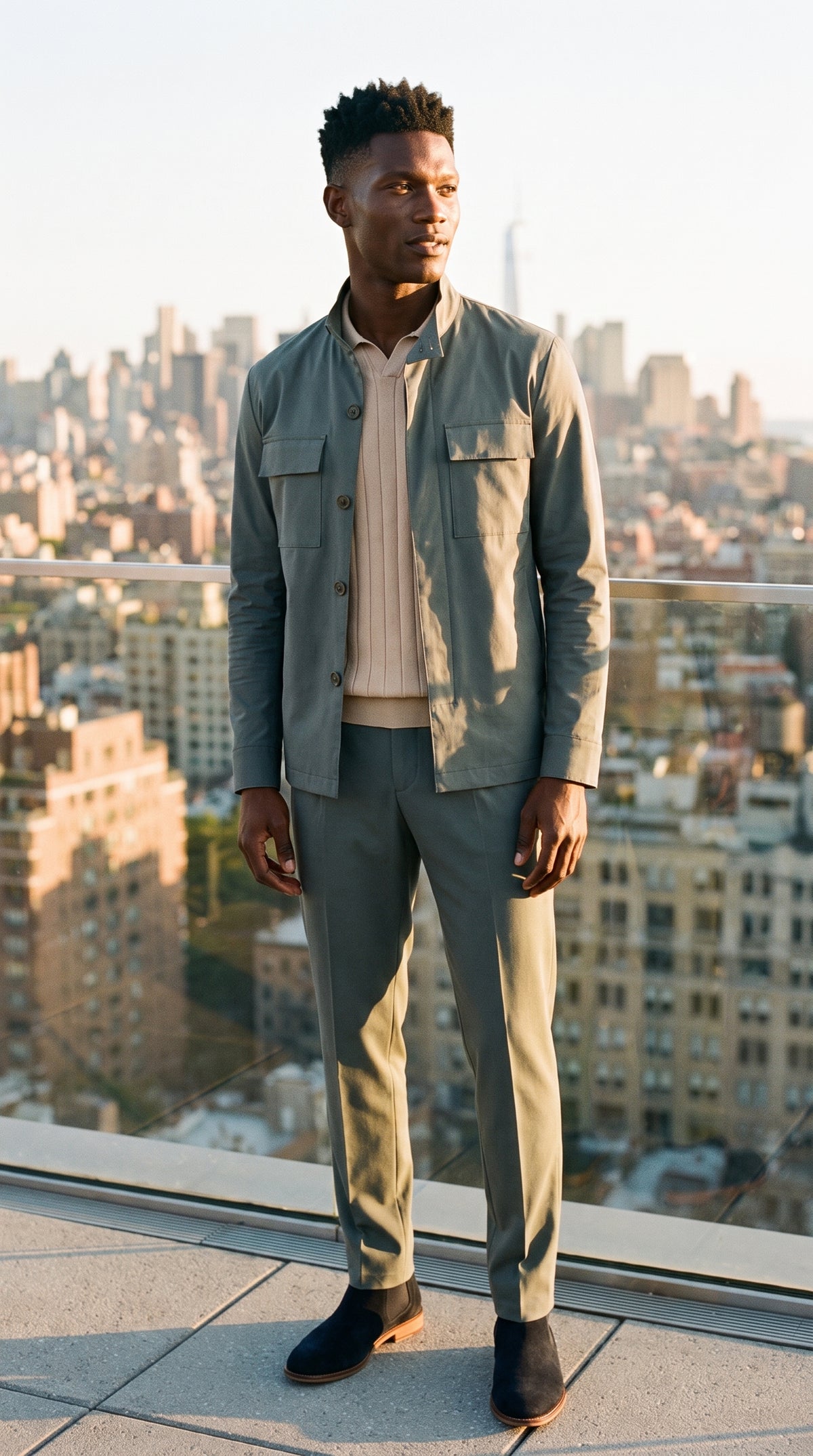 Look #404 styled with Ensemble veste safari vert sauge en coton mélangé et pantalon beige pour homme, tenue décontractée élégante