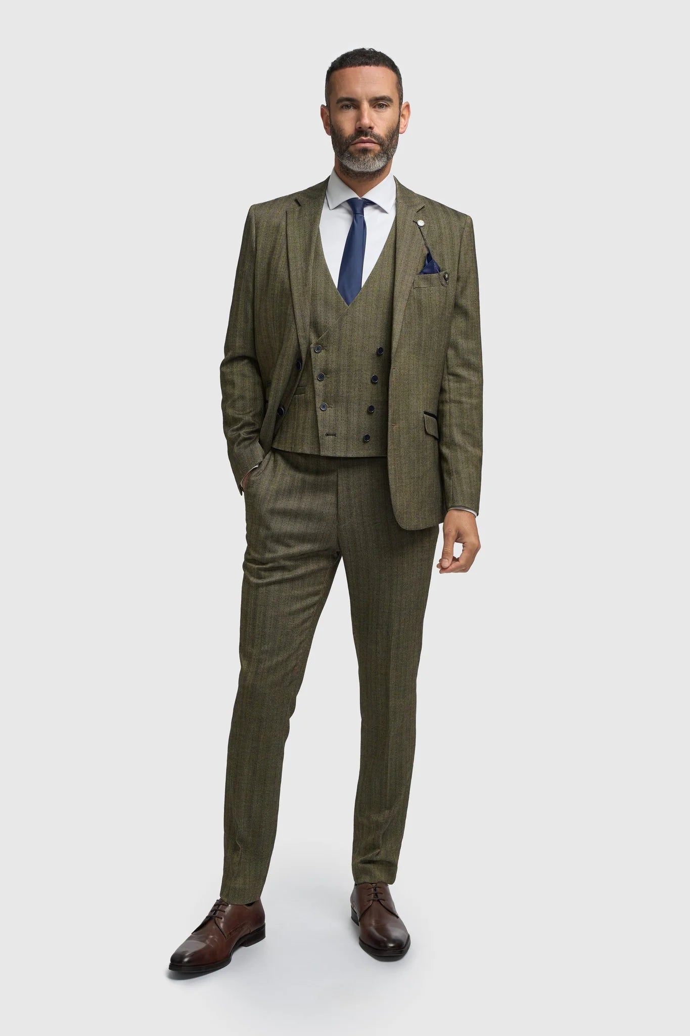 Costume trois pièces pour homme en tweed à chevrons vert olive
