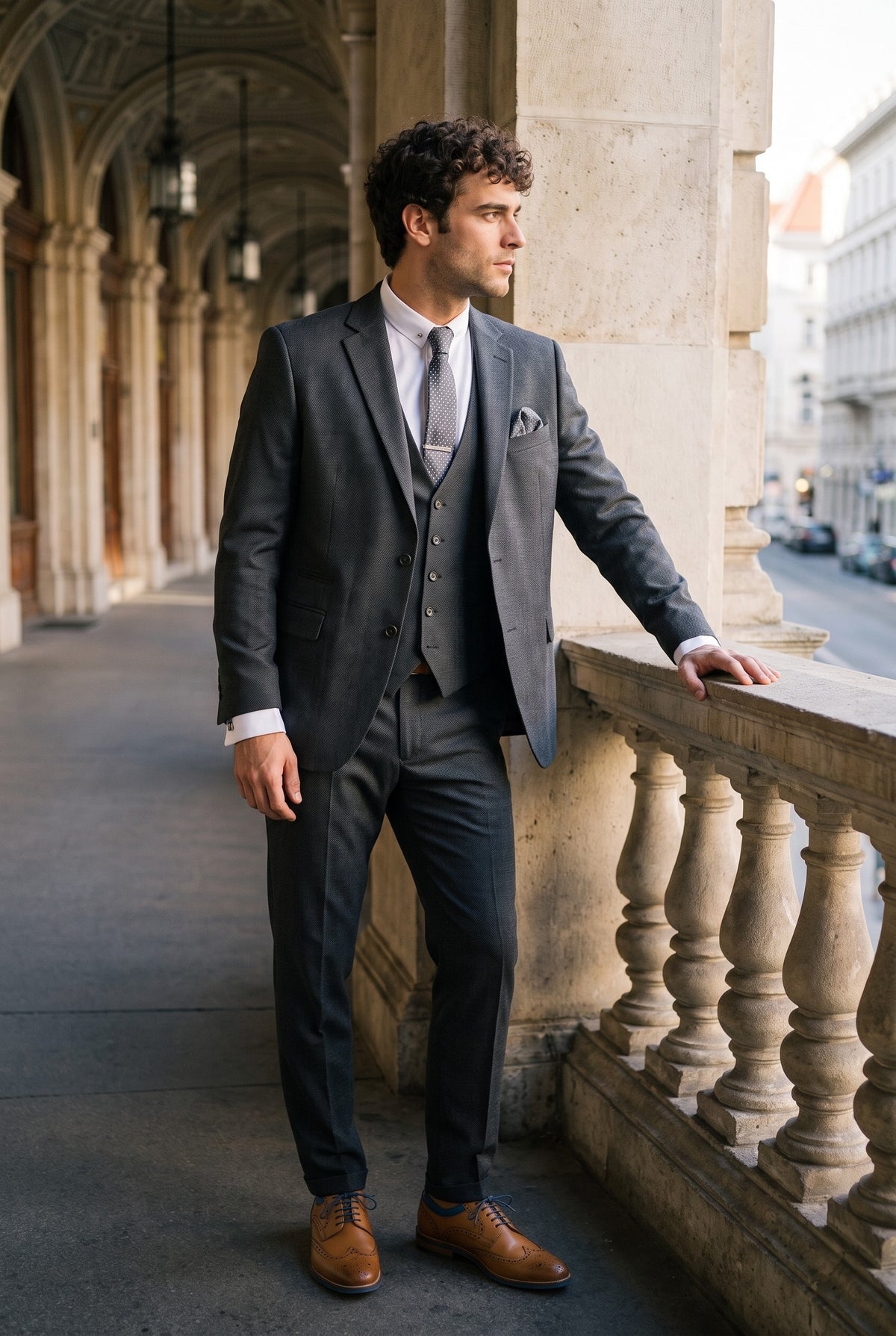 Look #272 styled with Costume trois pièces IM1 pour homme, coupe classique, uni anthracite.