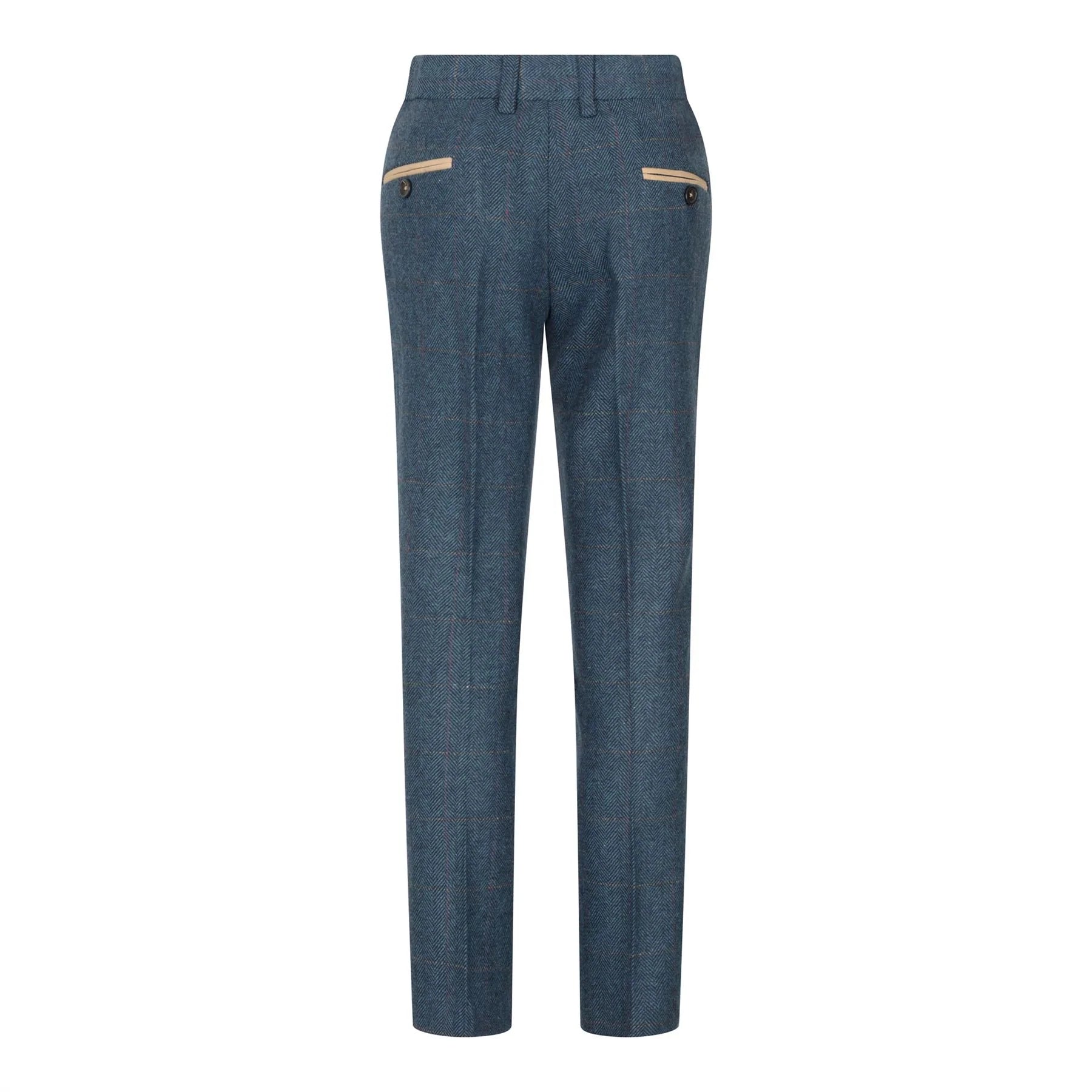 Boys Blue 3 Piece Herringbone Tweed Check Vintage Tailored Fit Suit