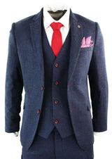 Men's 3 Piece Navy-Blue Slim Fit Suit with Wine Trim
