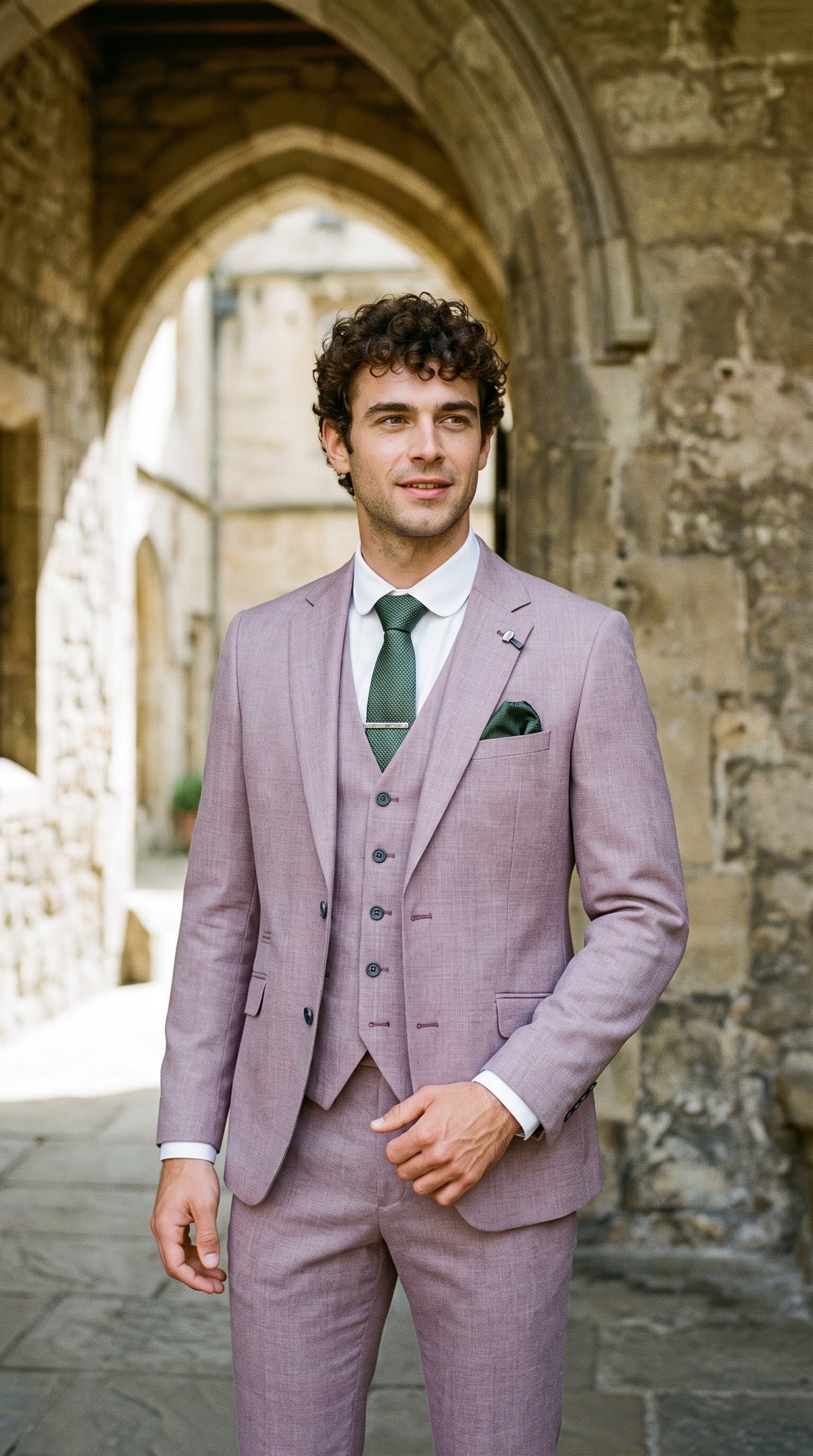 Look #317 styled with Costume d'été en lin rose poudré pour homme