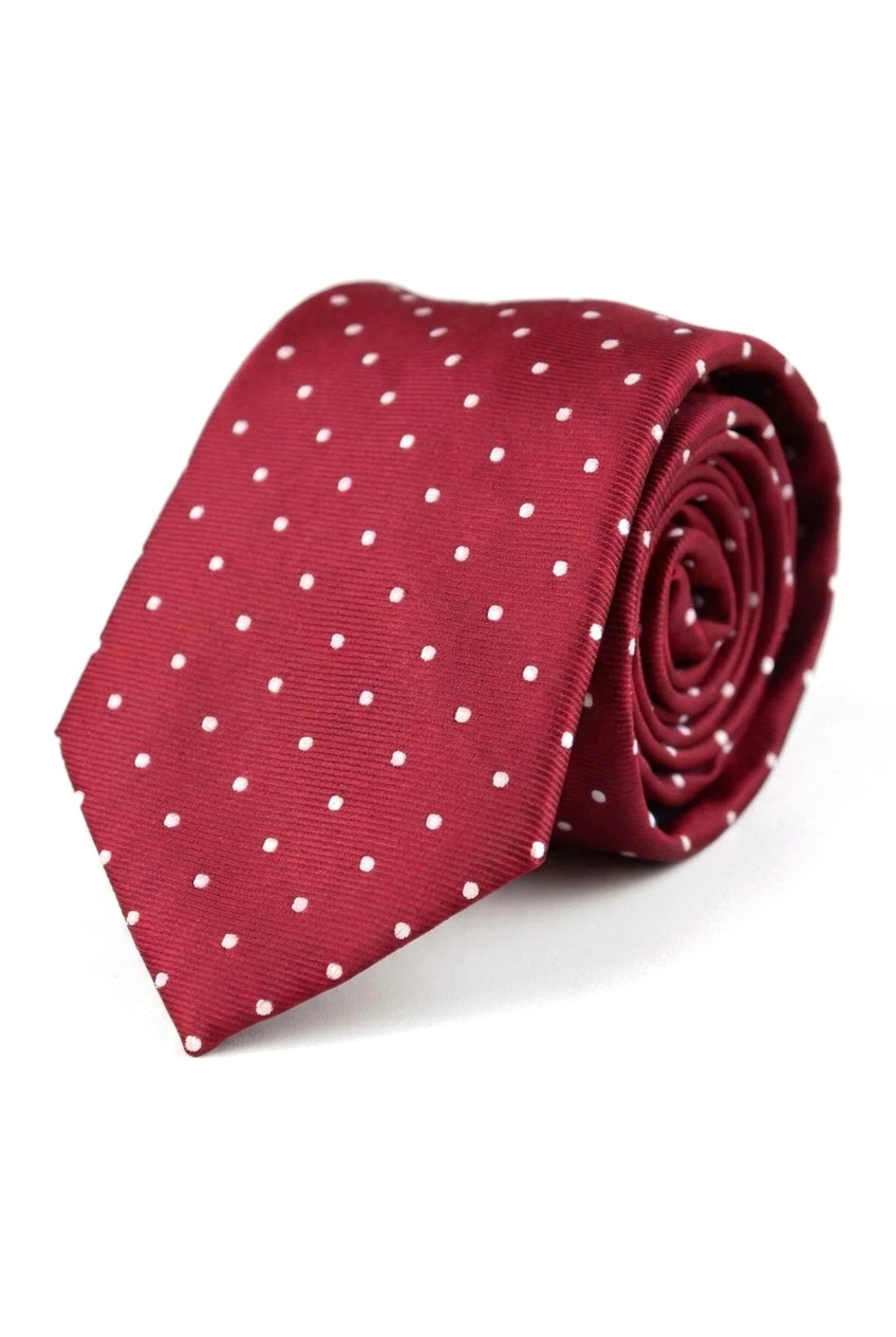 Coffret cadeau cravate à pois bordeaux, pochette, boutons de manchette, épingle à cravate en satin à pois