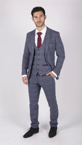Mens Marc Darcy Blue Grey Red Check 3 Piece Suit Smart Casual Tweed Slim Fit Drake