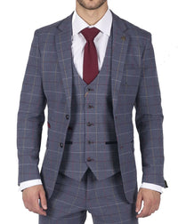 Mens Marc Darcy Blue Grey Red Check 3 Piece Suit Smart Casual Tweed Slim Fit Drake