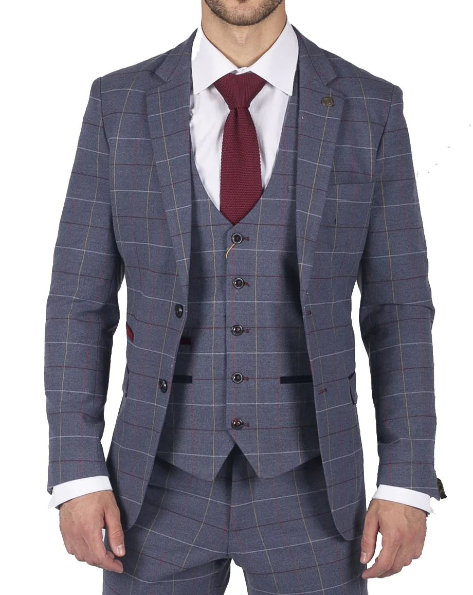 Mens Marc Darcy Blue Grey Red Check 3 Piece Suit Smart Casual Tweed Slim Fit Drake