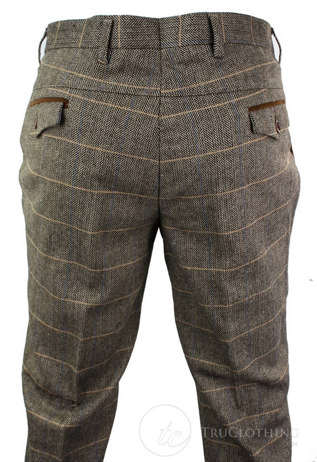 Dx-7 - Men's Tweed Check Trouser Herringbone Tan Brown Regular