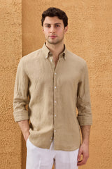 Chemise d'été à manches longues en pur lin beige foncé pour homme