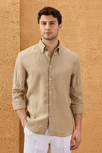 Chemise d'été à manches longues en pur lin beige foncé pour homme