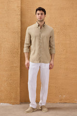 Chemise d'été à manches longues en pur lin beige foncé pour homme