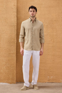 Chemise d'été à manches longues en pur lin beige foncé pour homme