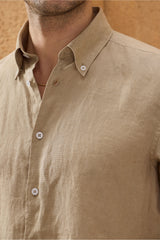 Chemise d'été à manches longues en pur lin beige foncé pour homme