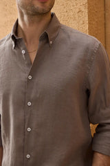 Chemise d'été à manches longues en pur lin marron clair pour homme