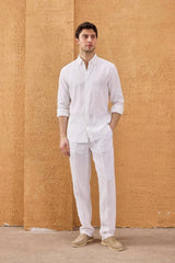Chemise d'été blanche en pur lin pour homme, manches longues, boutonnée
