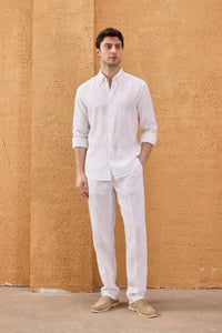 Chemise d'été blanche en pur lin pour homme, manches longues, boutonnée