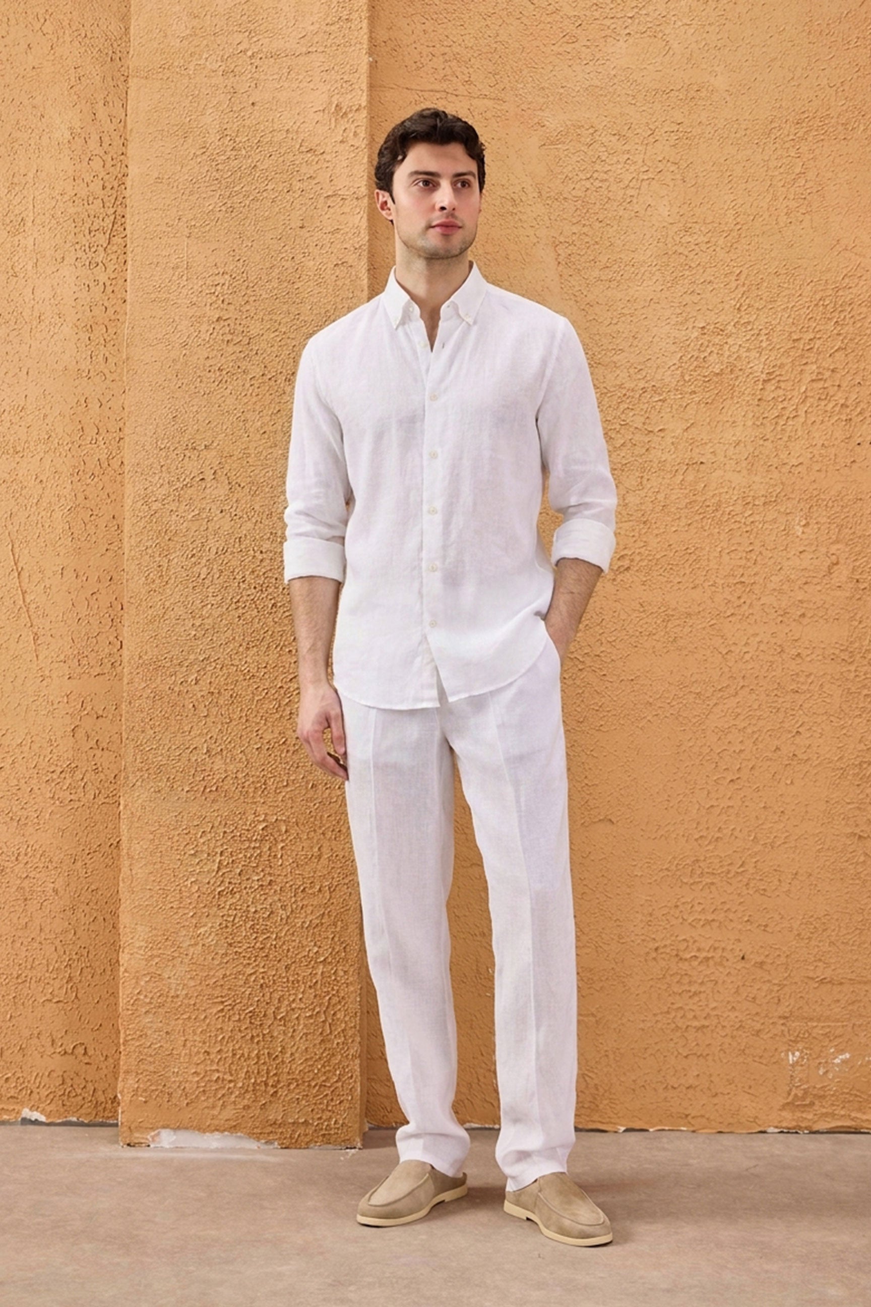 Chemise d'été blanche en pur lin pour homme, manches longues, boutonnée