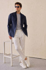 Ensemble veste safari bleu marine en coton mélangé et pantalon blanc pour homme, tenue décontractée élégante