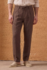 Pantalon homme marron 100 % lin, plissé, à cordon de serrage, coupe droite décontractée