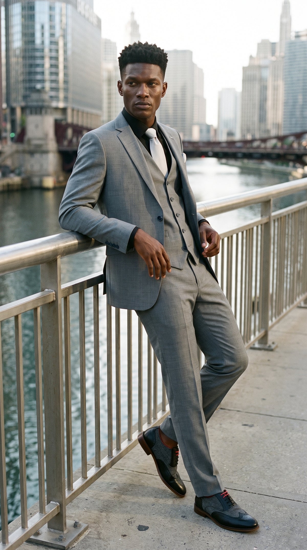 Look #426 styled with Costume trois pièces gris pour homme Bond, coupe ajustée