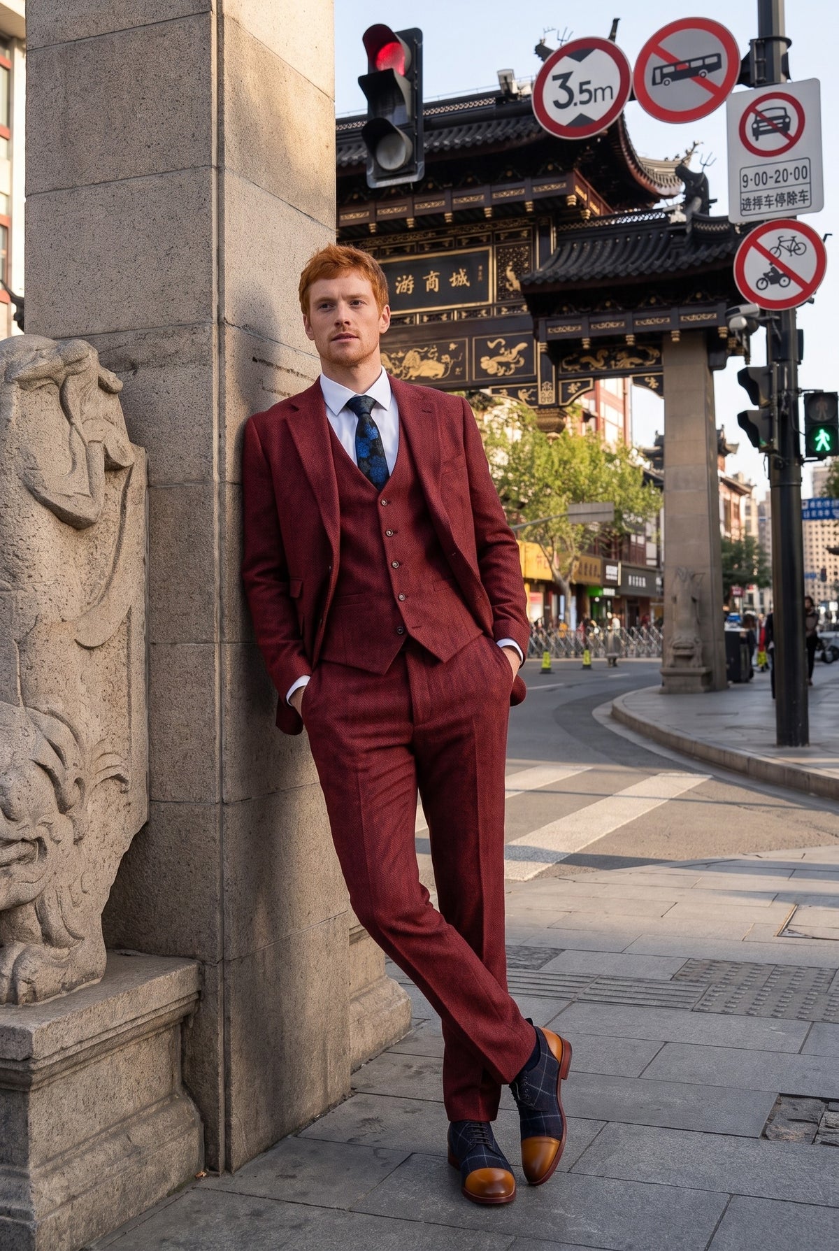 Look #271 styled with Costume trois pièces en tweed bordeaux à chevrons pour homme - STZ11