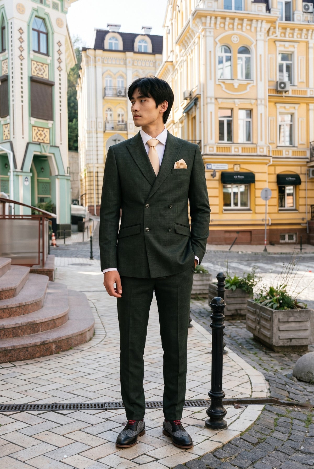 Look #780 styled with Caridi - Costume croisé deux pièces vert olive pour homme