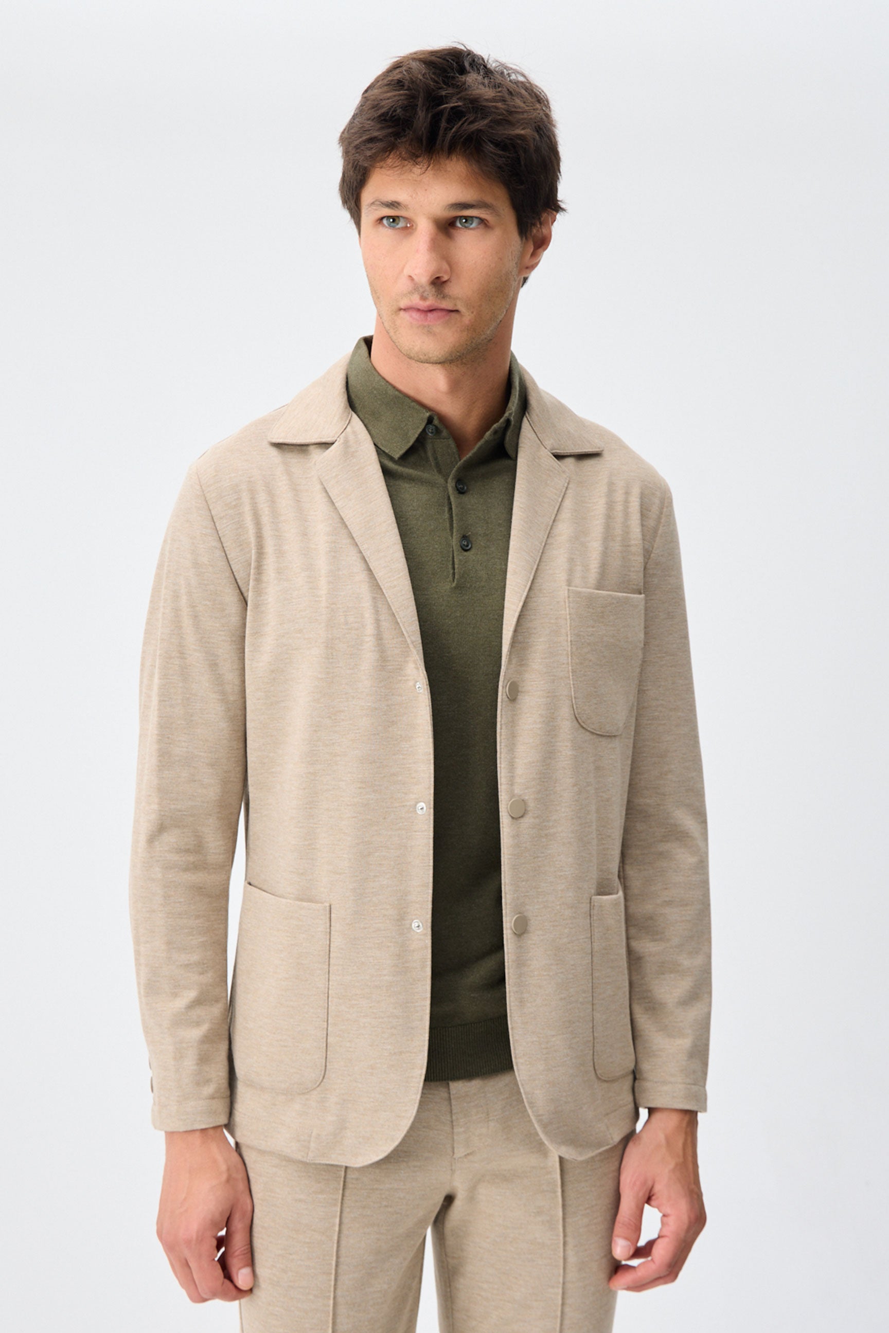 Ensemble veste blazer et pantalon beige en jersey doux pour homme