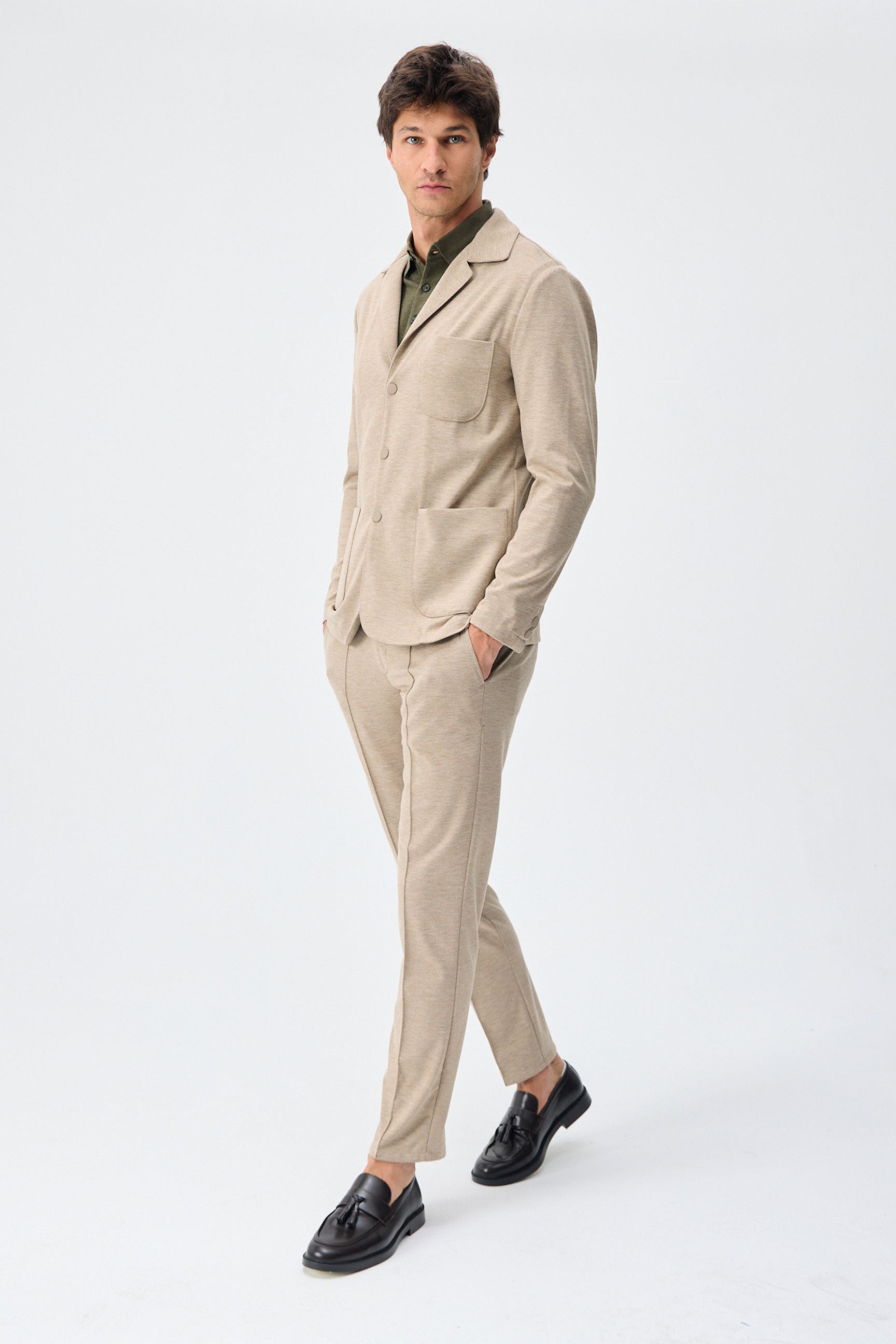 Ensemble veste blazer et pantalon beige en jersey doux pour homme