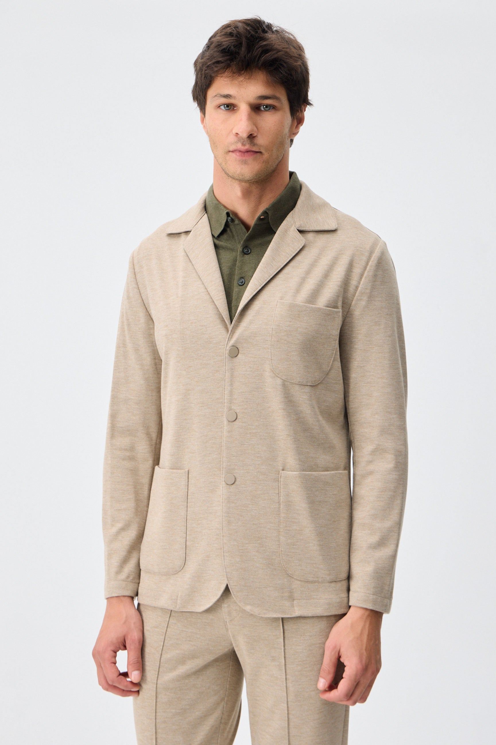 Ensemble veste blazer et pantalon beige en jersey doux pour homme