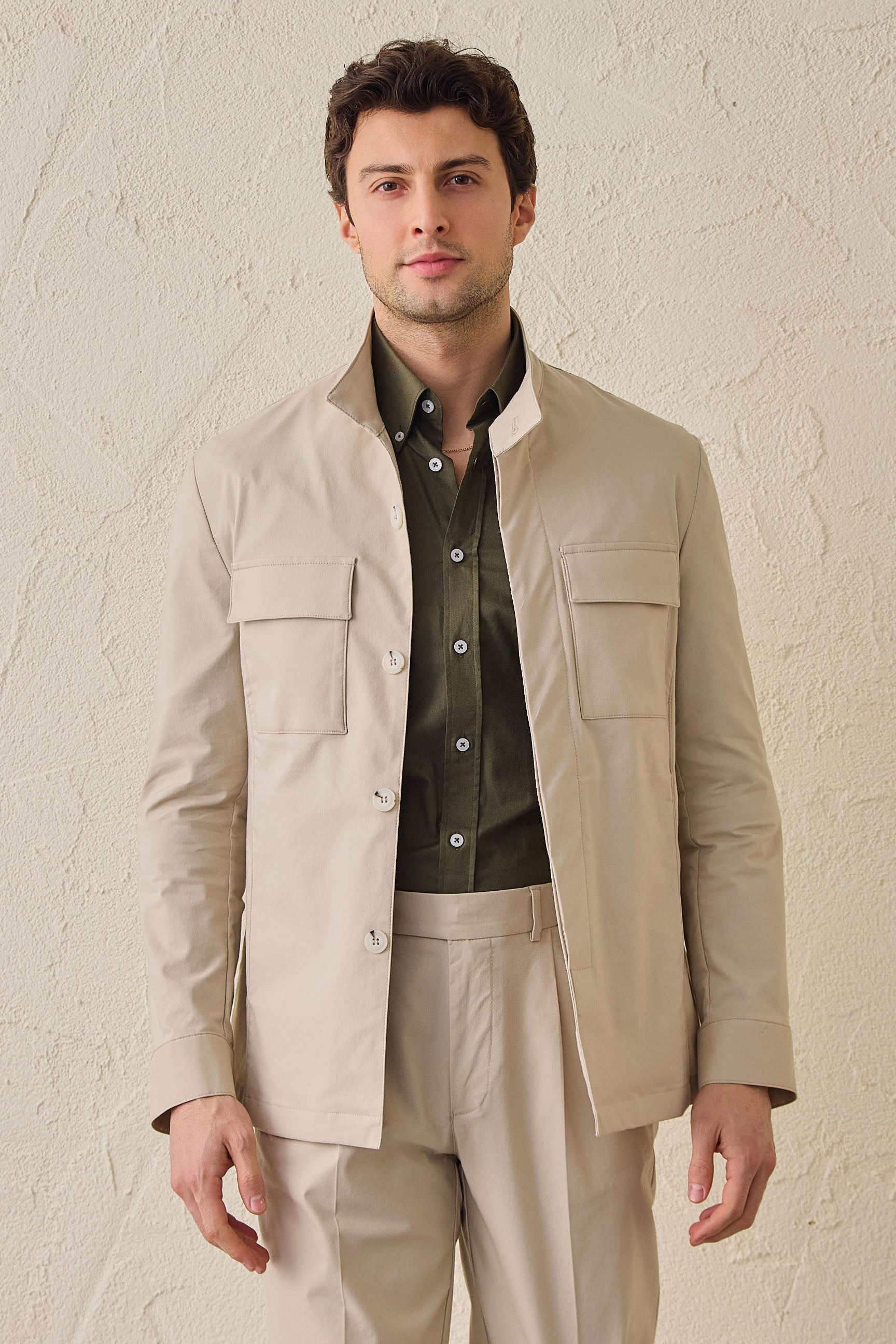 Veste utilitaire beige pour homme, légère, en mélange de coton, style décontracté chic